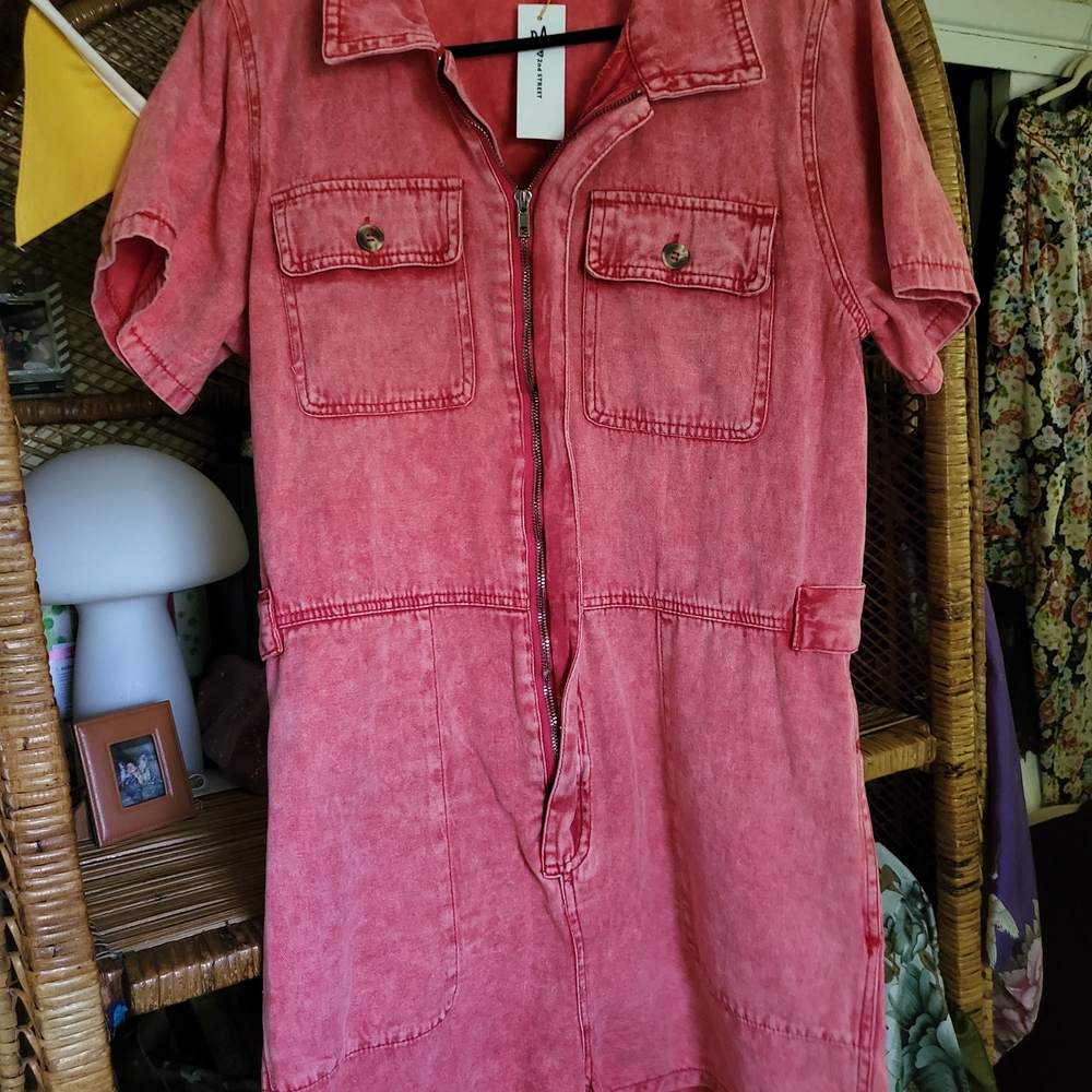 Pink Short Sleeve Denim Jumpsuit